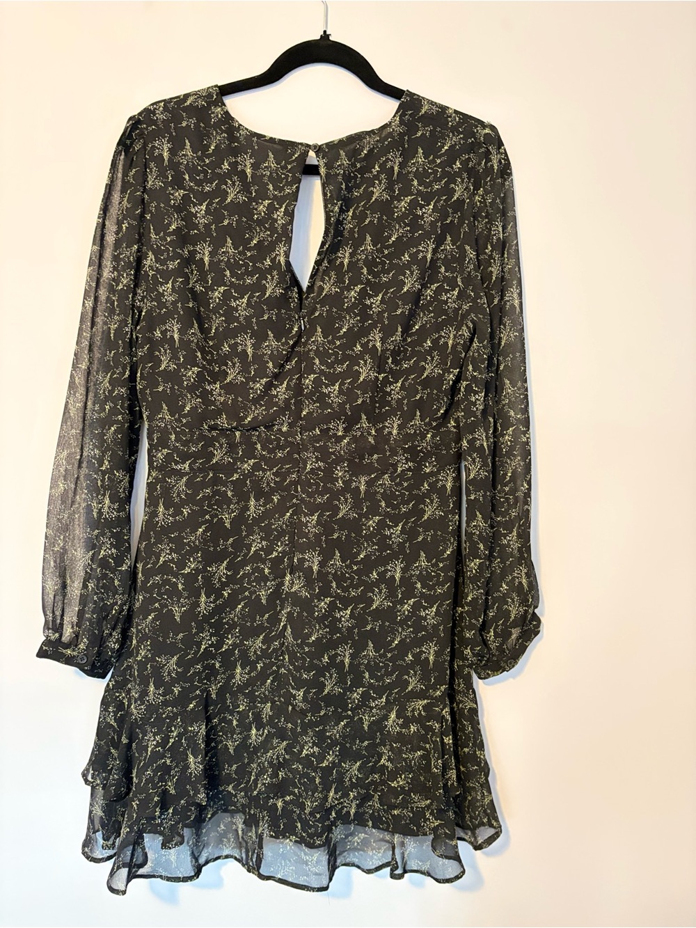 Chiffon Lined Black w/ Green Floral Long-Sleeve Mini Dress